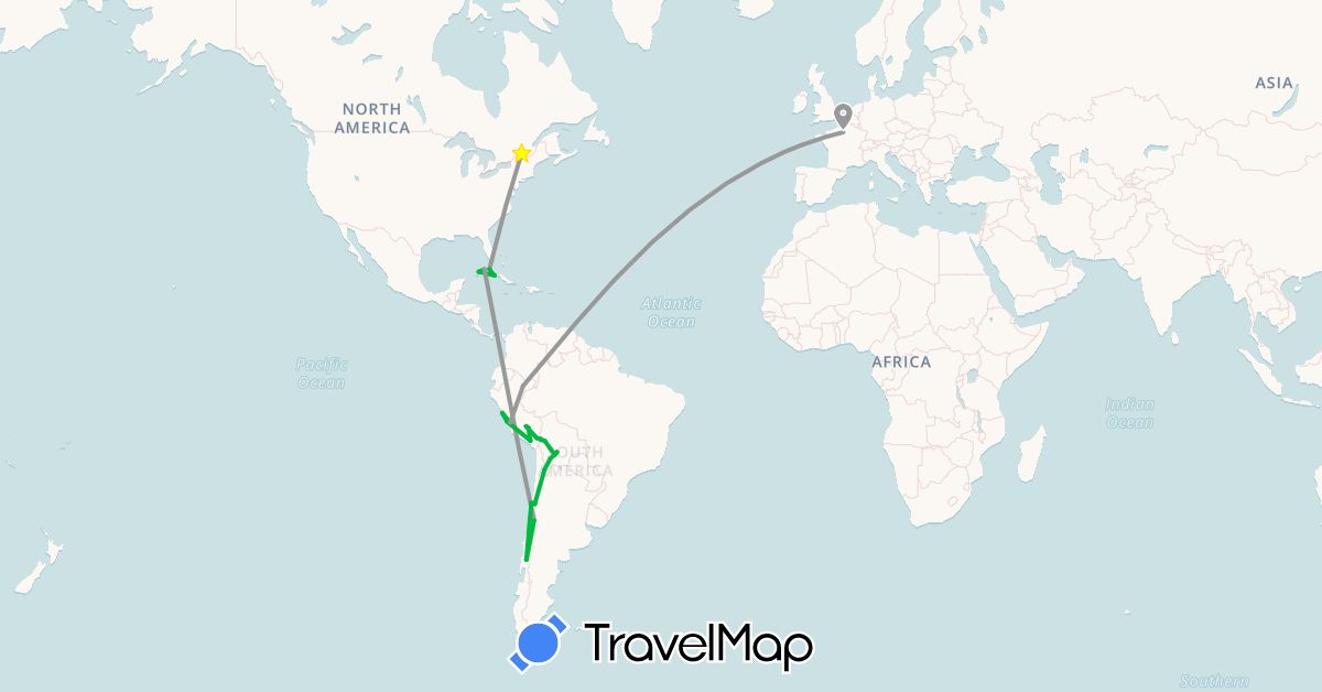 TravelMap itinerary: driving, bus, plane in Bolivia, Canada, Chile, Cuba, France, Peru (Europe, North America, South America)